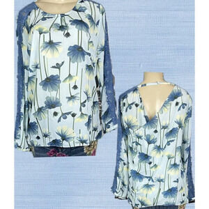 Marc Bouwer L Blue Floral Split Choker Back Long Sleeve Lace Fringe Trim Blouse